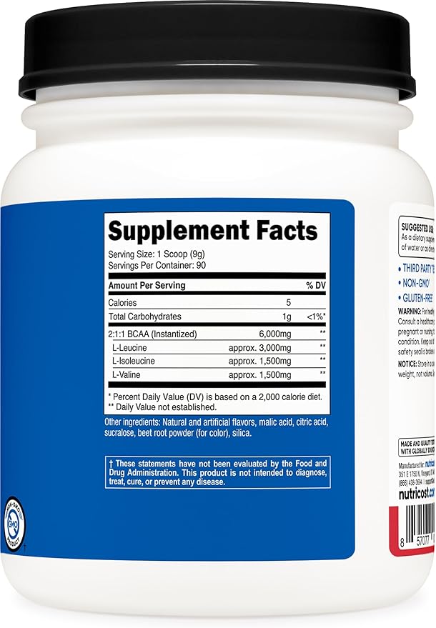 Nutricost BCAA Powder (Strawberry Kiwi, 90 Servings) - Optimal 2:1:1 Ratio