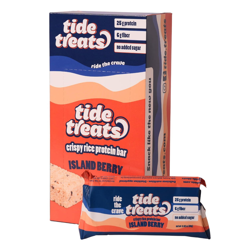 Crispy Rice Protein Treat Bar | 25 g Protein, No Added Sugar, 7 g Fiber, Gluten Free | High Protein Snack for On-the-Go, Post-Workout or Dessert Cravings | 8 Count (Island Berry)