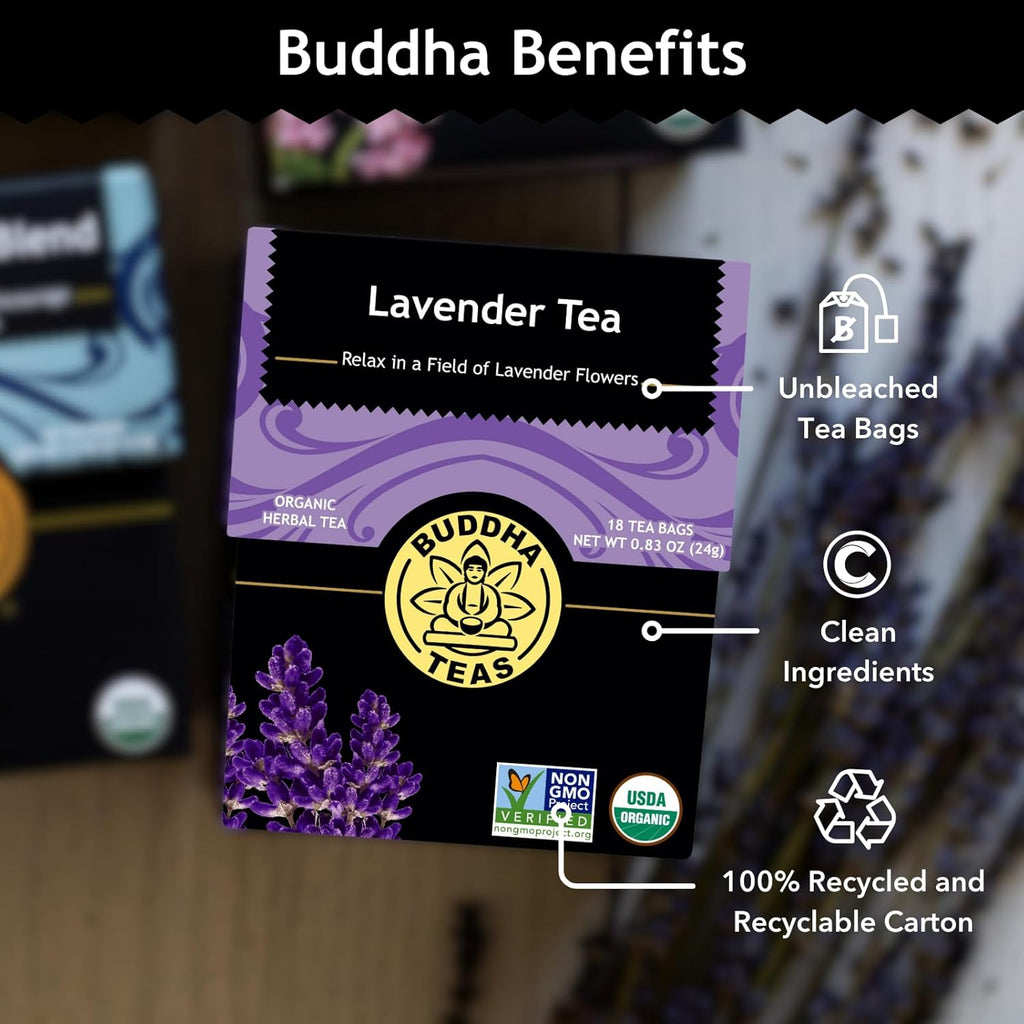 Buddha Teas - Organic Lavender Tea - Herbal Tea - For Health & Wellbeing - With Antioxidants & Minerals - Clean Ingredients - Caffeine Free - OU Kosher & Non-GMO - 18 Tea Bags (Pack of 3)