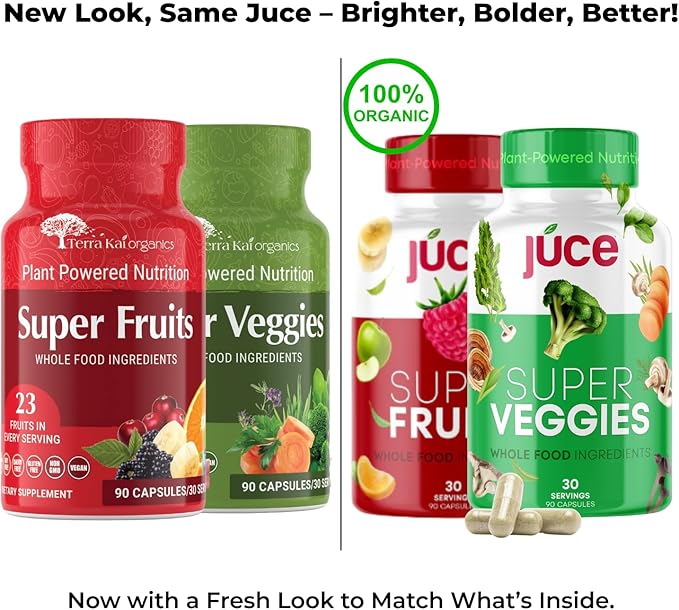 Juce Original Formula - Organic Super Fruit & Veggies Supplement - Gluten/Gelatin Free, Soy Free & Vegan- Reds & Greens Superfood Capsules- 23 Fruits & 23 Vegetables (180 Count)- By Terra Kai Organics