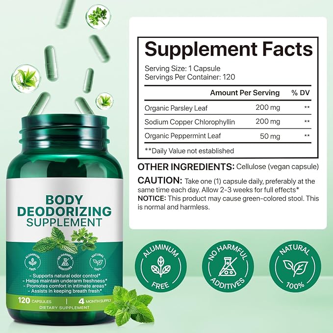 Body Deodorizing Supplement | Natural Internal Odor Control | Chlorophyll Capsules | with Chlorophyllin, Parsley and Peppermint | for Skin, Breath and Body Health | 4 Month Supply - 120 Caps