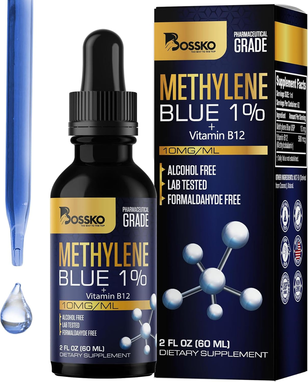 Bossko Methylene Blue 1% Solution 99.99% Pure Pharmaceutical Grade with B12 & Magnesium | Brain & Cellular Support | Third-Party Tested Dietary Supplement Drops Made in USA 60ml
