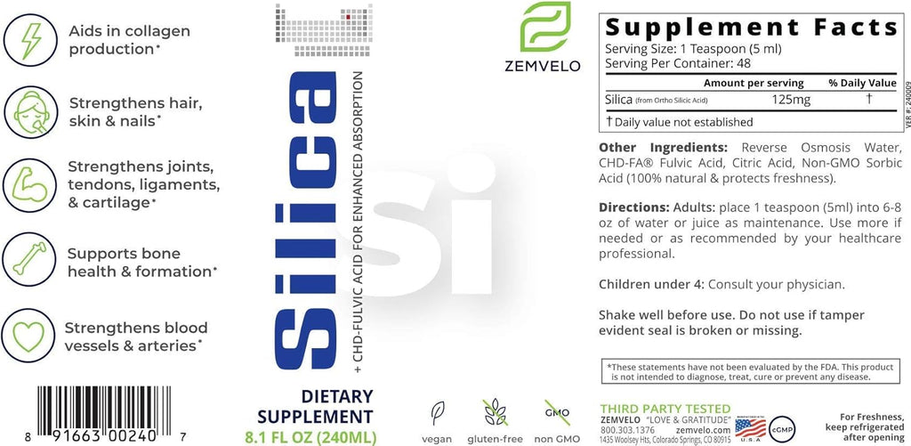 Liquid Ionic Silica - Hair, Skin & Nails Nutrition | Collagen Support | Joint Support for Health Tendons & Cartilage | 8 oz, 48 Day Supply