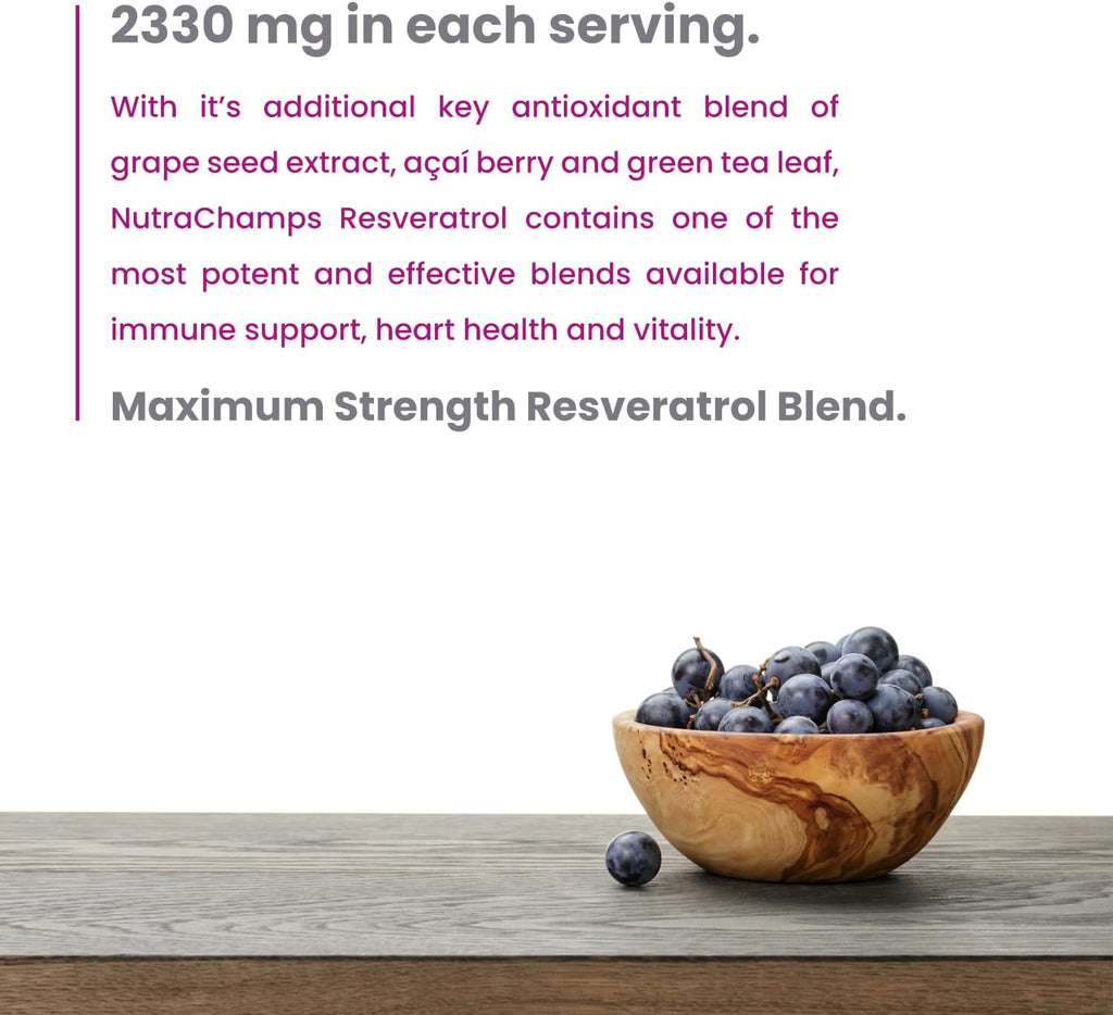 NutraChamps Resveratrol Supplement, Extra Strength Formula for Healthy Aging, Immune Support, 60 Vegan Capsules with Trans-Resveratrol, Green Tea Leaf, Acai Berry & Grape Seed Extract