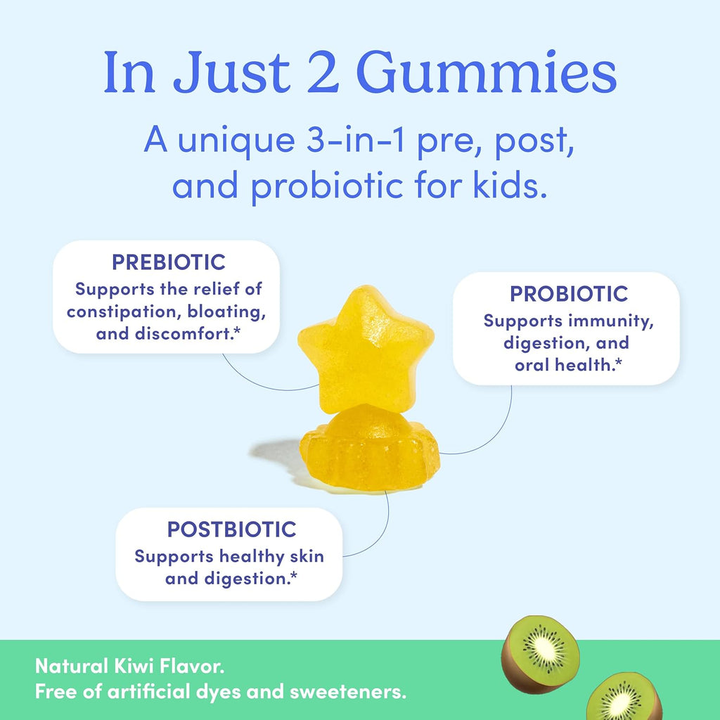 FIRST DAY Kids 3-in-1 Probiotic Gummies – Prebiotic + Probiotic + Postbiotic Supplement – Supports Digestive & Oral Health, Immune Function & Energy Levels – 30-Day Supply