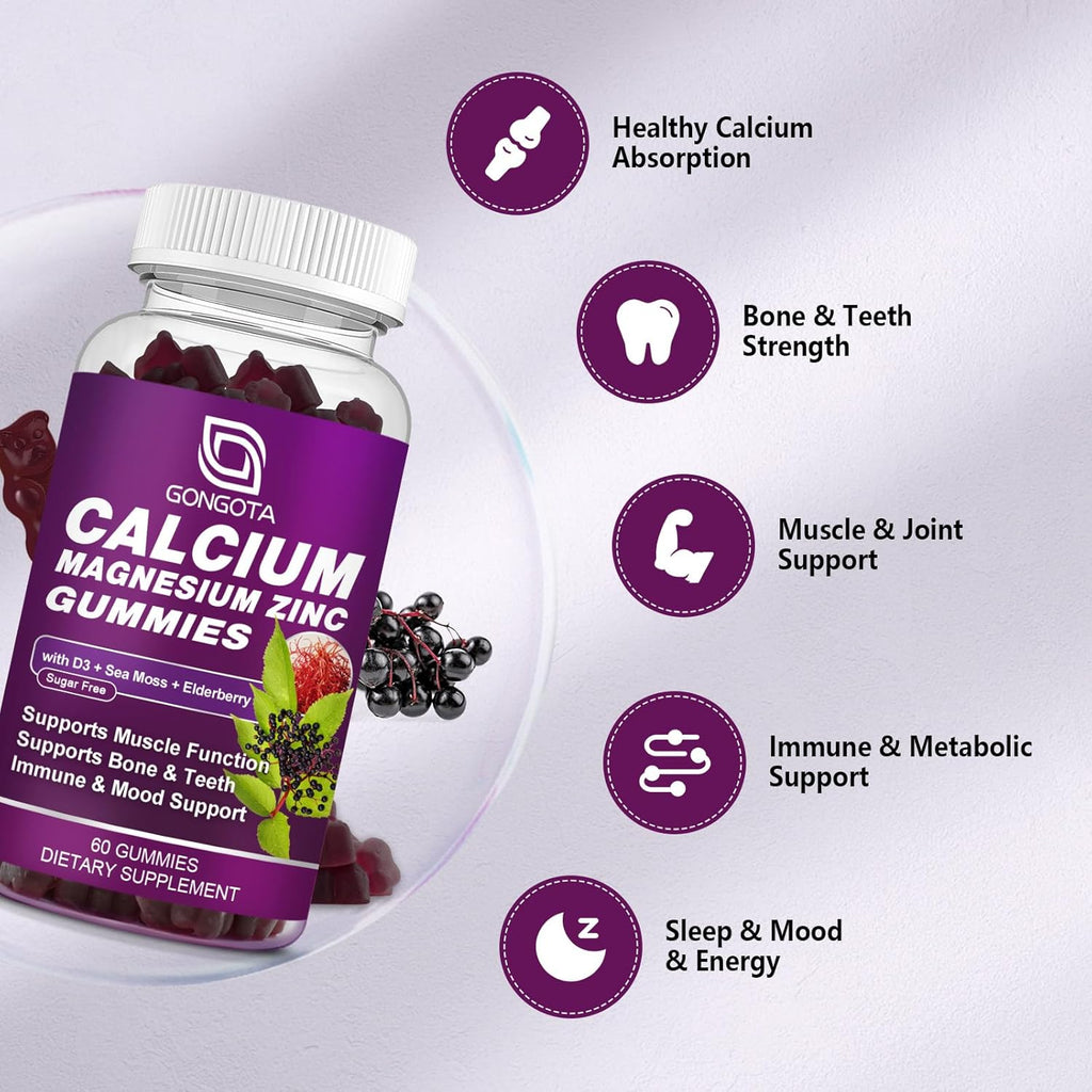 Calcium Magnesium Zinc with Vitamin D3 Supplement, Highly Absorbent Calcium Gummies with 300mg Magnesium glycinate Support Bone & Teeth, Muscle for Adults and Teens,Sugar Free, Vegan (2 Pack)