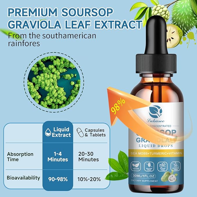(2 Pack) Soursop Graviola Leaf Extract Liquid Drop Plus Pure Botanical Sea Moss for Cell Support & Regeneration, Immunity and Gut Health, Soursop Bitters Liquid丨Full Texture,Pineapple Flavor,1 Fl Oz