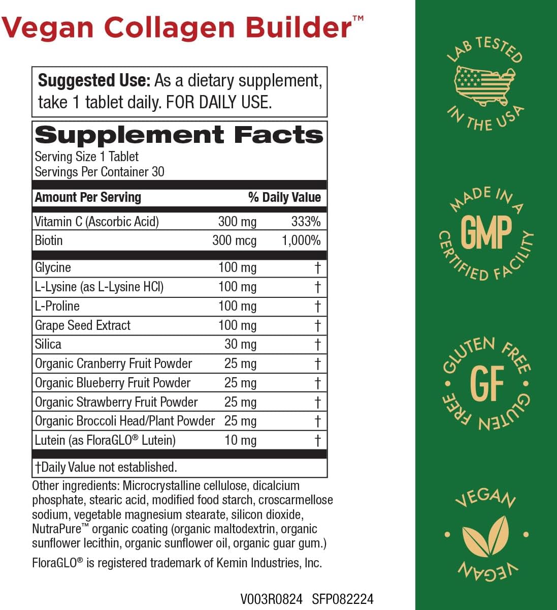 Vegan Collagen Builder - Organic Whole Foods Fruits + Veg, Silica, Lutein, Vitamin C, Biotin, Grape Seed - Amino Acids Glycine, Lysine + Proline Collagen Boosters (30 Servings, Tablets)