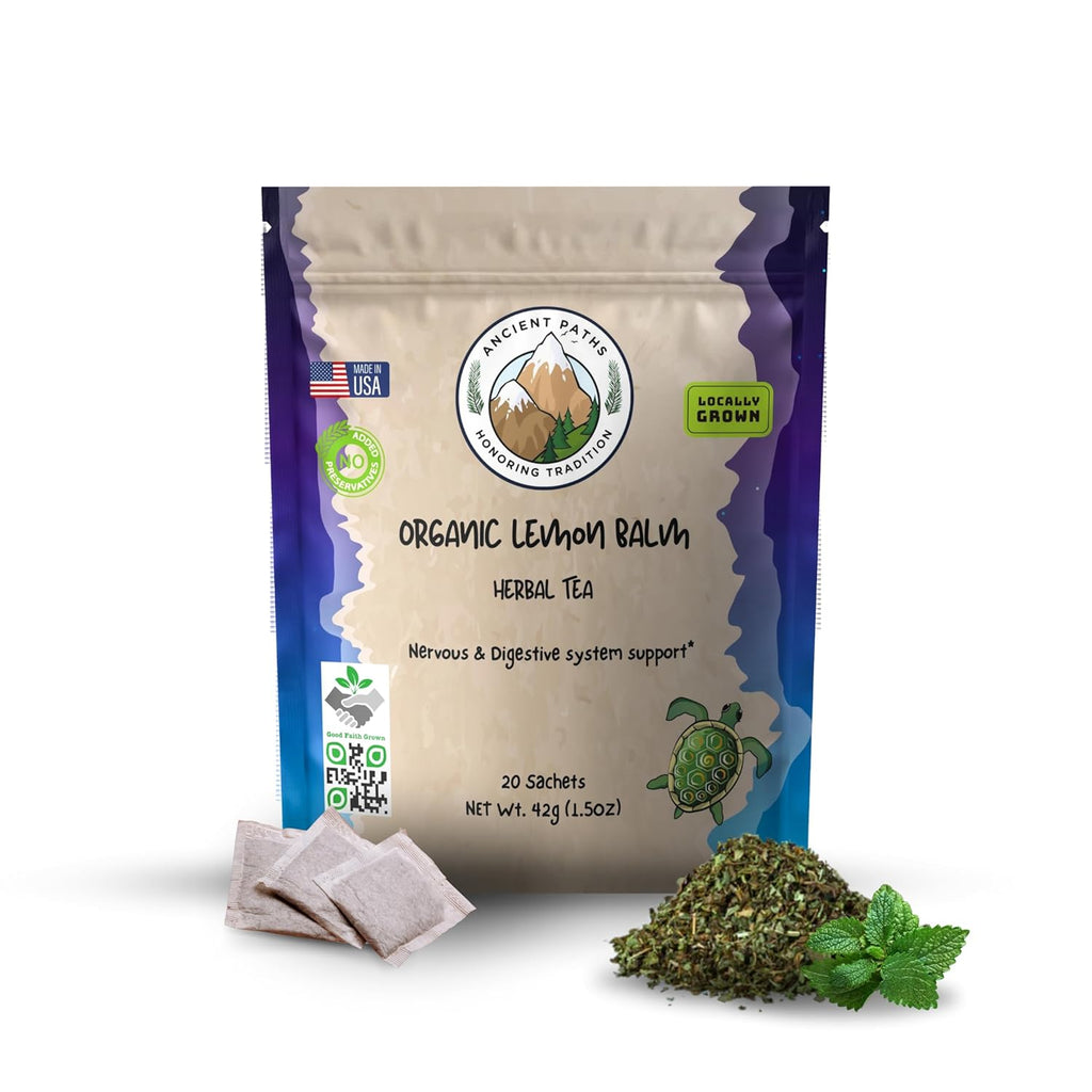 Ancient Paths Organic Lemon Balm Herbal Tea - Nervous & Digestive Support - 100% Pure Dried Lemon Balm Calming Tea - Caffeine-Free & Sustainable Tea Bags - USA Grown (20 Sachets)