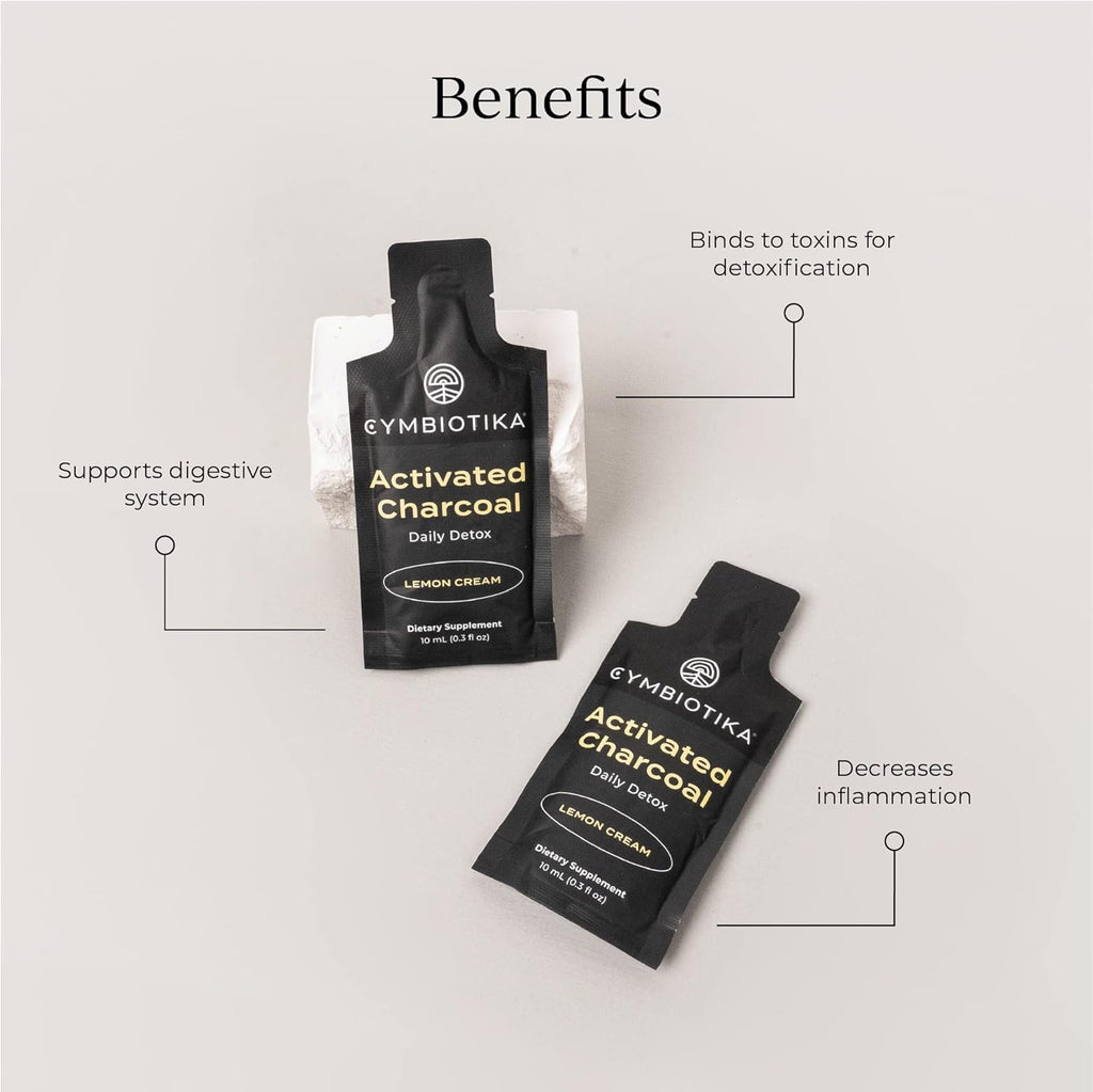 CYMBIOTIKA Activated Charcoal Liquid Supplement Packets from Coconuts for Bloating, Gut Health & Digestive Support, Helps Detox, Vitamin E, Lemon Cream Flavor, Vegan, 26 Pack