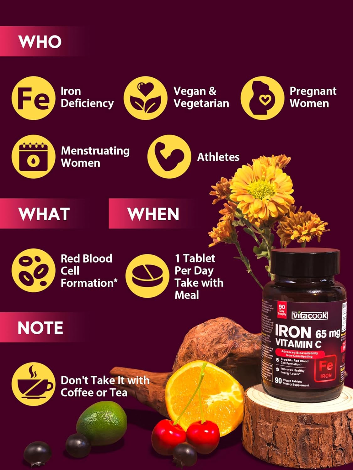 Iron Supplement for Women Men | High Potency Iron 65mg with Vitamin C 250mg | Stomach Friendly Iron Pills for Red Blood Cell & Immune Support | Vegan, Non-GMO & Gluten Free | 90 Tablets