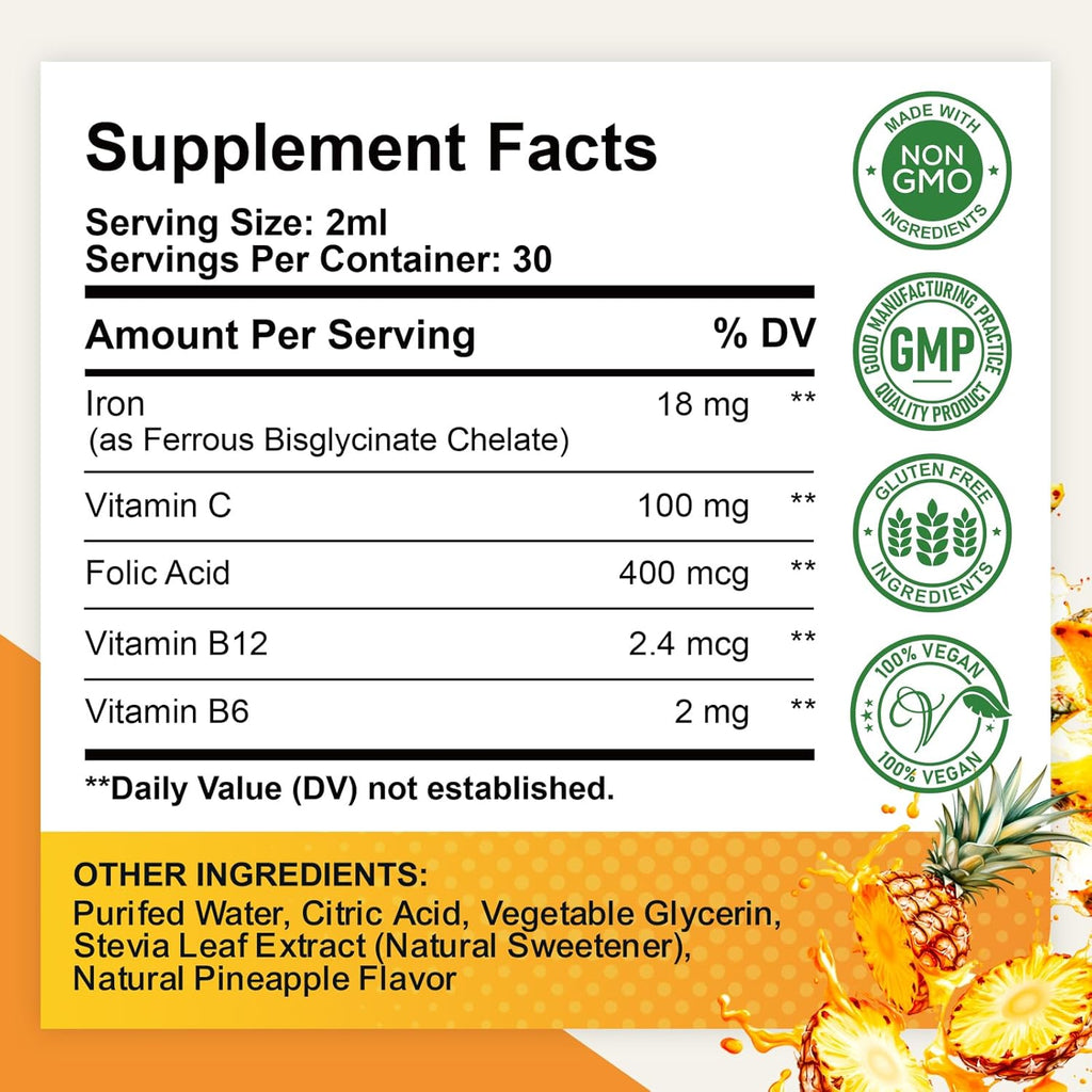 Liquid Iron Supplement for Women, Men & Kids, Liquid Iron Drops with Folate, Vitamin C, B6, B12 for Anemia, Red Blood Cell, Energy Support, Pineapple Flavor, 2 Fl Oz