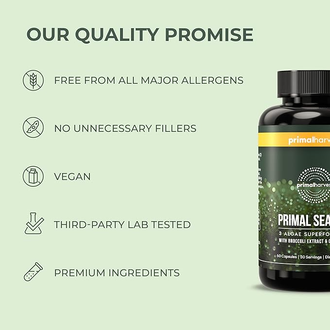Primal Harvest Sea Moss Capsules with Bladderwack and Irish Sea Moss, Chlorella, Broccoli Seed Extract Plant-Based Supplements for Adults