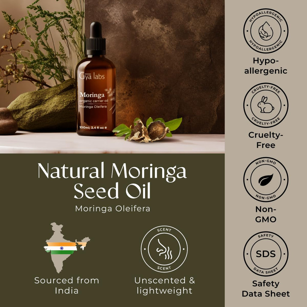 Gya Labs Organic Moringa Oil for Skin - 100% Pure Natural Moringa Carrer Oil for Hair, Face, Scalp - Nourishing & Revitalizing (3.4 Fl Oz)