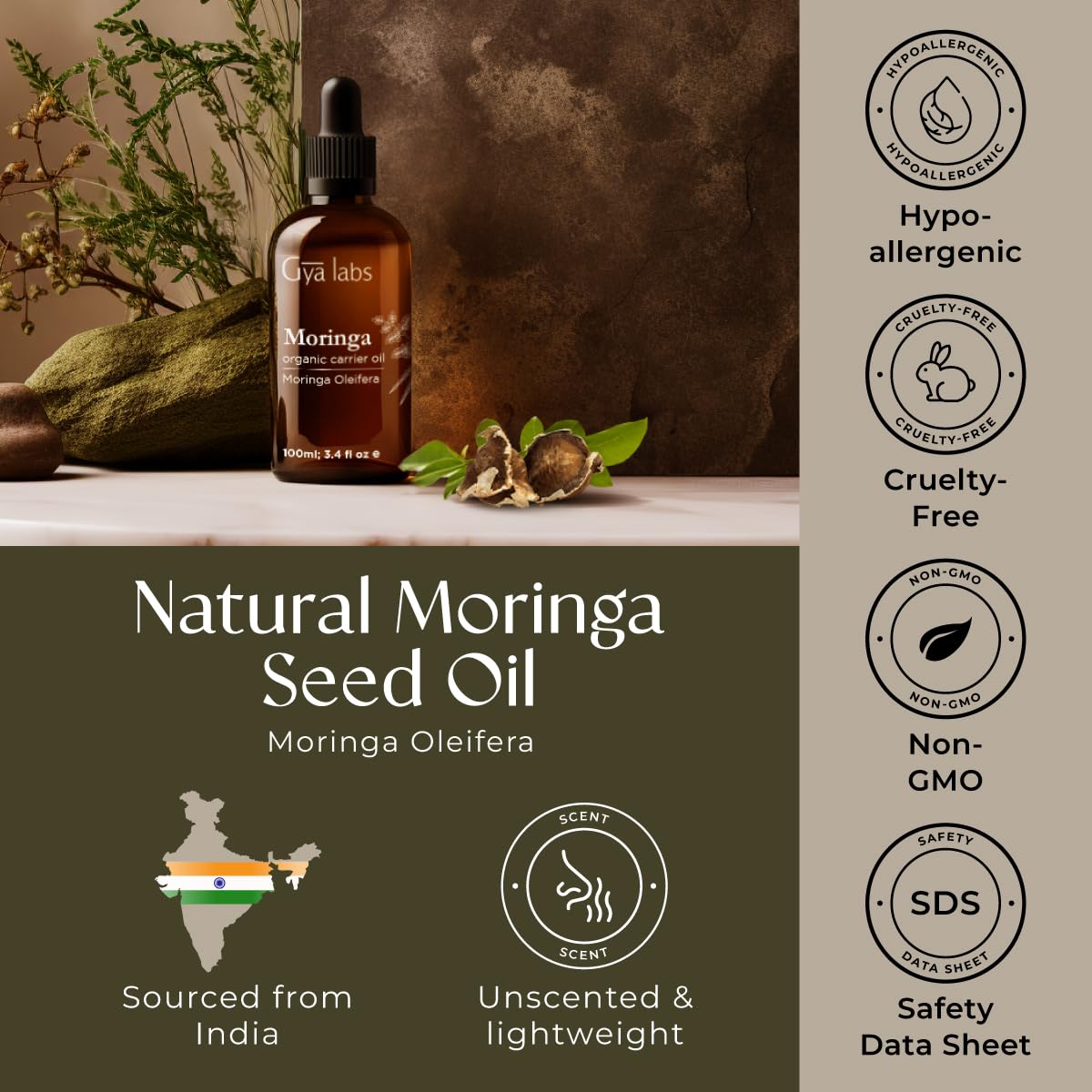Gya Labs Organic Moringa Oil for Skin - 100% Pure Natural Moringa Carrer Oil for Hair, Face, Scalp - Nourishing & Revitalizing (3.4 Fl Oz)