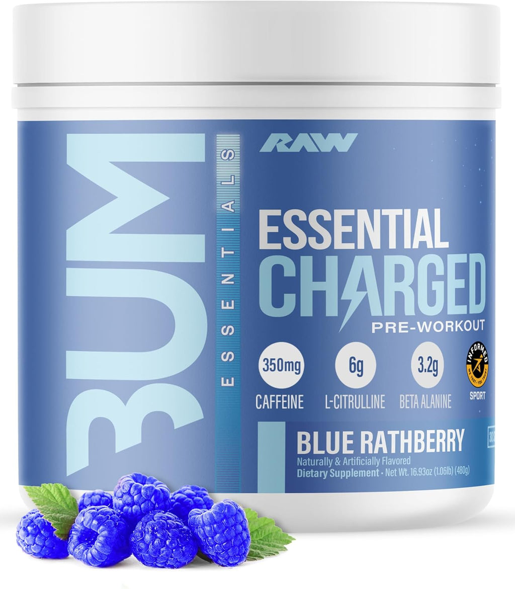 RAW Pre-Workout Powder, Essential CHARGED (Blue Rathberry) - Preworkout Supplement for Men & Women - Supports Focus, Mood, & Performance - Caffeine, Alpha-GPC, L-Citrulline, Beta Alanine (25 Servings)