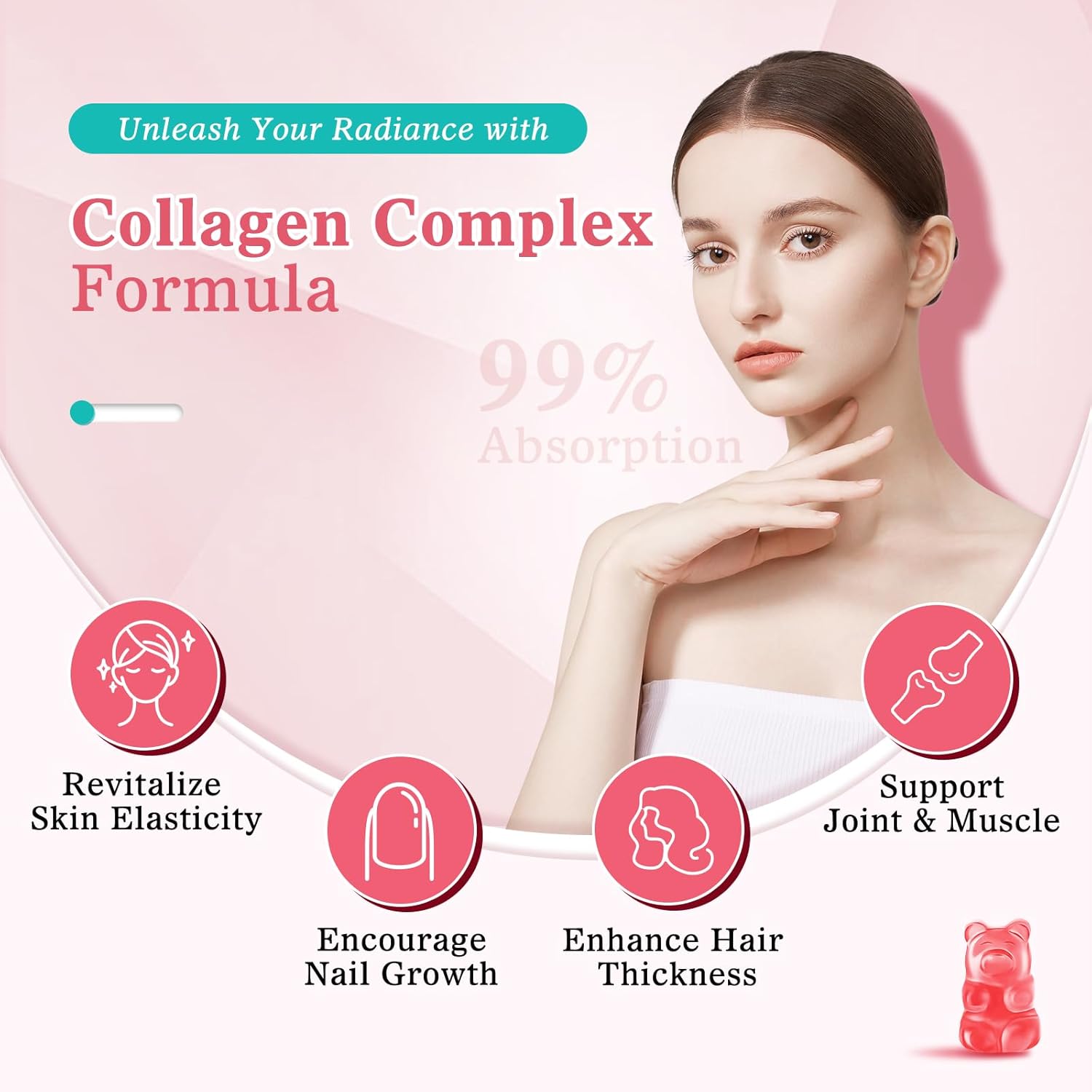 Sugar Free Collagen Gummies for Women Men, Multi Collagen Peptides Gummies Type I II III V X with Biotin Vitamin A B C D E for Hair Skin Nails, Strawberry Flavor, 60 Count