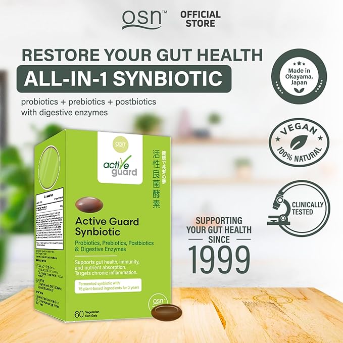 OSN Probiotics for Women Men ActiveGuard 3 Year Japanese Fermented Synbiotic - 17 Strains Prebiotics Postbiotics - Gut Health Digestive Enzymes - 60 Shelf Stable Softgels