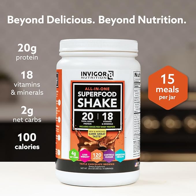 INVIGOR8 Superfood Grass Fed Whey Protein Isolate Shake Chocolate Brownie Gluten-Free and Non GMO Meal Replacement with Probiotics and Omega 3 (645g)
