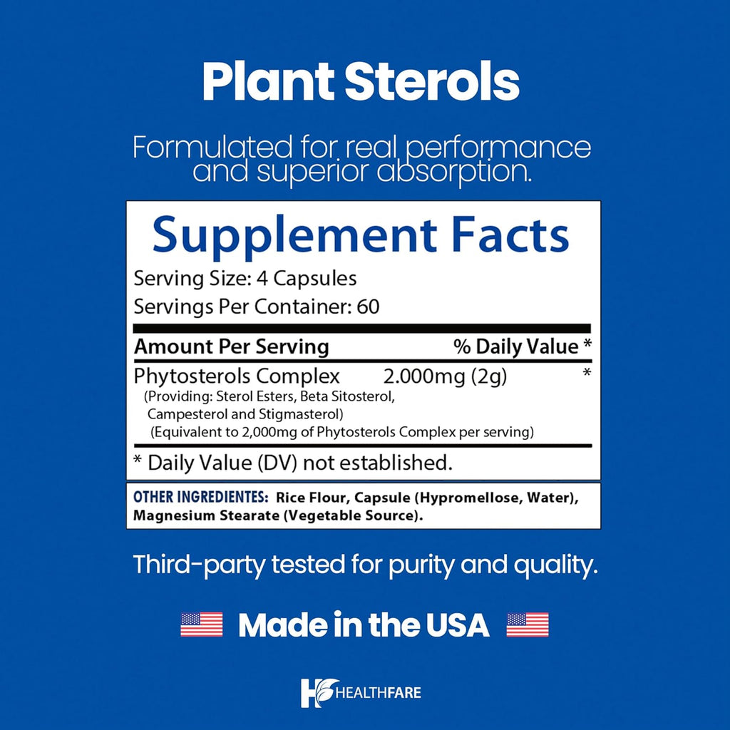 Healthfare Plant Sterols Capsules 2000mg | 240 Vegan Capsules | Beta Sitosterol & Phytosterol Complex | Plant-Based Supplement | Non-GMO & Gluten-Free | Made in The USA (Pack of 2)