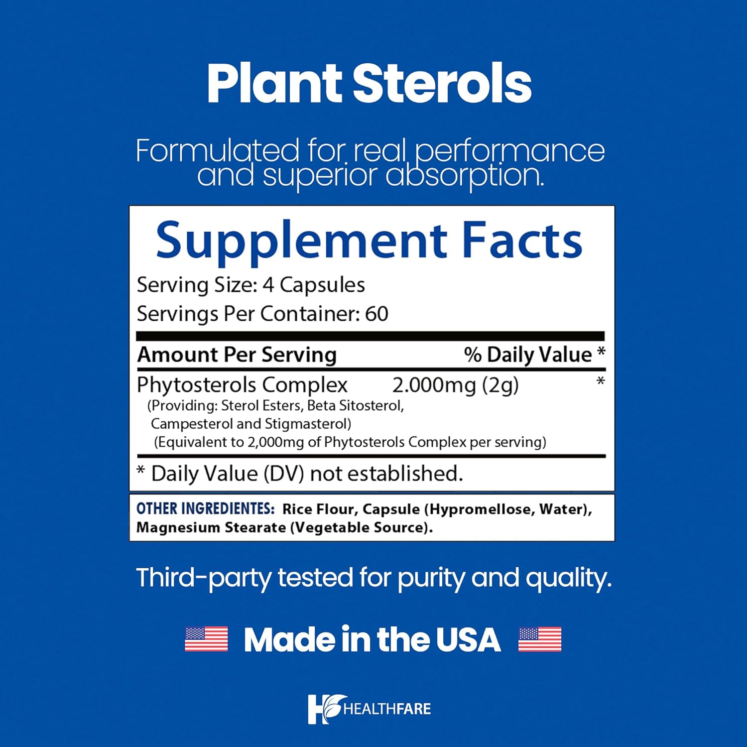 Healthfare Plant Sterols Capsules 2000mg | 240 Vegan Capsules | Beta Sitosterol & Phytosterol Complex | Plant-Based Supplement | Non-GMO & Gluten-Free | Made in The USA (Pack of 2)