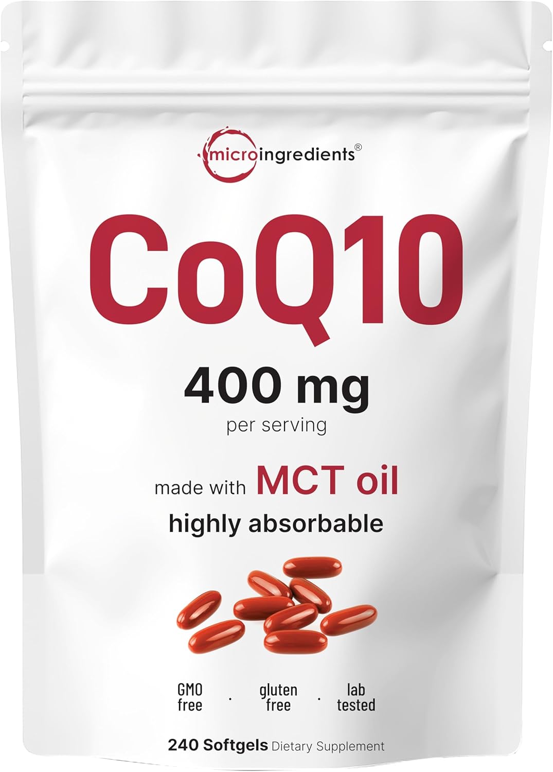 Micro Ingredients CoQ10 400mg Per Serving | 240 Softgels with Coconut MCT Oil | High Absorption Coenzyme Q10 as Ubiquinone | Antioxidant Support for Heart & Energy Health | Non-GMO