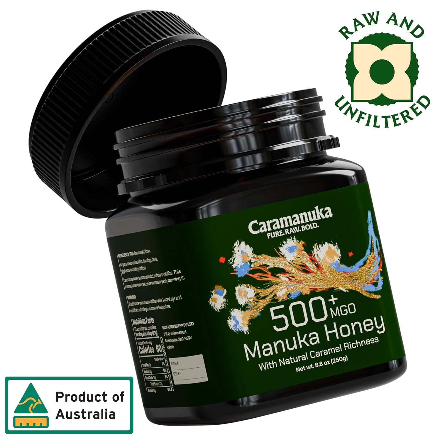Caramanuka Manuka Honey MGO 500 – 100% Raw & Unfiltered Australian Honey, Independently Lab-Tested for MGO & Glyphosate, Bold Caramel Flavor, 8.8 oz (250g)