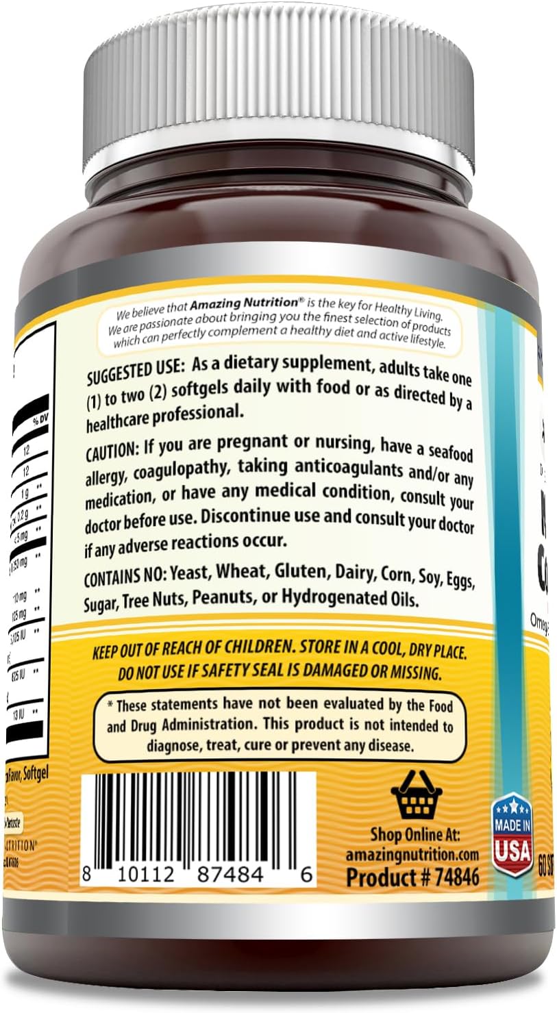Amazing Omega Norwegian Cod Liver Oil 1250 Mg Softgels Supplement | Omega-3, EPA, DHA, Vitamin A, Vitamin D & Vitamin E (Lemon | 60 Count)