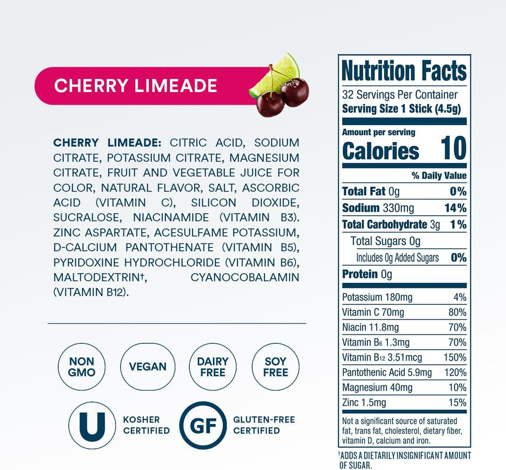 DripDrop Sugar Free Hydration Packets - Zero Cherry Limeade - Single Serve Electrolytes Powder Drink Mix - Non-GMO, Gluten Free, Vegan - 32 Sticks
