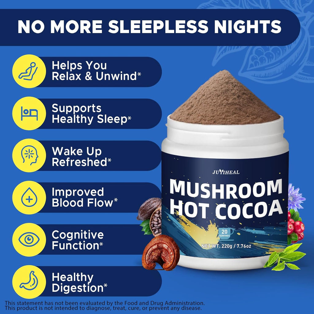JUYIHEAL Mushroom Hot Cocoa with Melatonin, Reishi, Glycine, Cacao, L-Theanine, Chicory for Calm and Relax Support, Sleep Hot Cocoa Supplement (20 Servings)