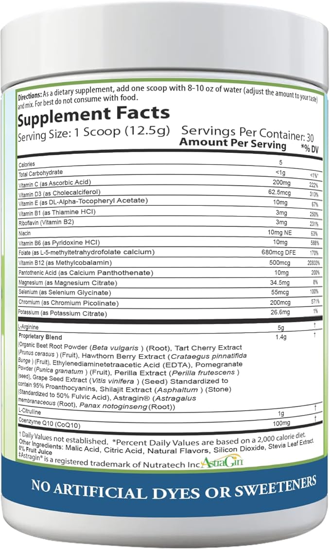 PURE Cardio+ Drink Mix, Lemon Lime, L-Arginine 5000mg, L-Citrulline 1000mg, Vitamins B12, C, D3, Beet Root, 30 Servings, 373.5 Grams (Pack of 1), Premium Wellness Support, Nitric Oxide, Cardio