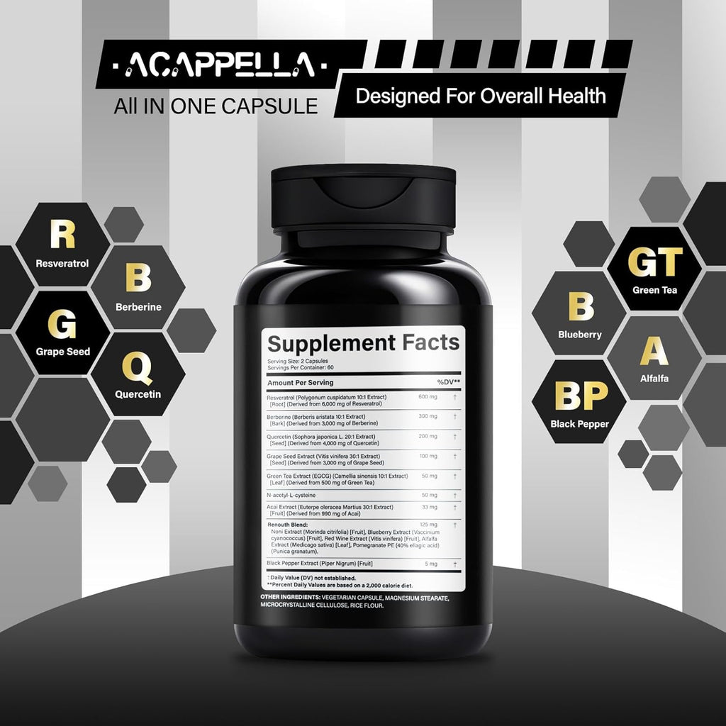 ACAPPELLA Resveratrol, Berberine, Grape Seed, Quercetin Capsule - Polyphenols Supplement with Green Tea Extract, N-Acetyl-L-Cysteine, Digestive Gut Health Supplement (1)