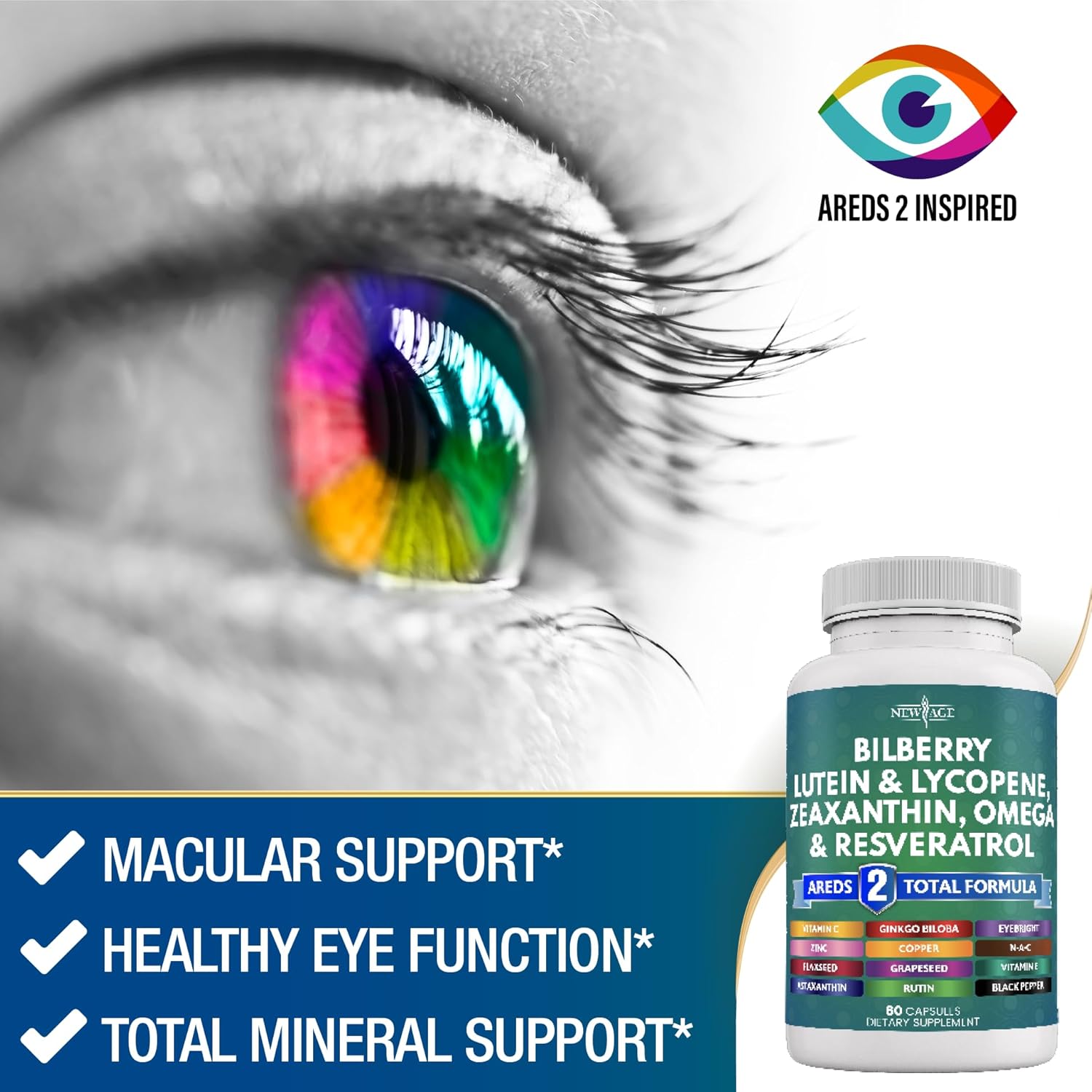 NEW AGE Eye Health Vitamins with Bilberry Lutein & Zeaxanthin Lycopene Resveratrol Grape Seed Astaxanthin - Eye Vitamin - 60 Count