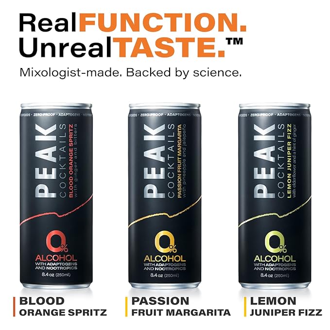 Peak Cocktails Non-Alcoholic Cocktail | Adaptogens, Nootropics, Superfoods for Recovery, Calm, Sleep | Ashwagandha, Tart Cherry, L-Theanine | Mixologist-crafted | Lemon Juniper Fizz | 8.4 oz, 12-Pack
