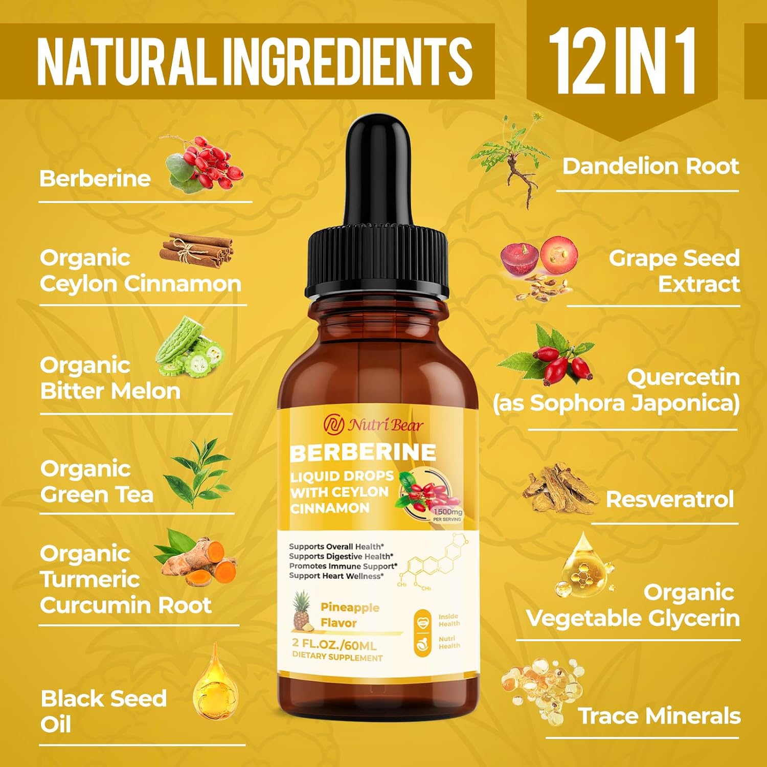 Berberine Supplement with Ceylon Cinnamon, Berberine HCL Liquid Drops with Turmeric, Bitter Melon, Quercetin, 10X Strength AMPK for Digestion System, Immune Health Support -Vegetarian, 2 fl oz
