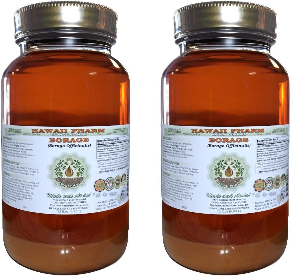Borage Alcohol-Free Liquid Extract, Borage (Borago Officinalis) Dried Flower and Herb Glycerite Hawaii Pharm Natural Herbal Supplement 2x32 oz Unfiltered