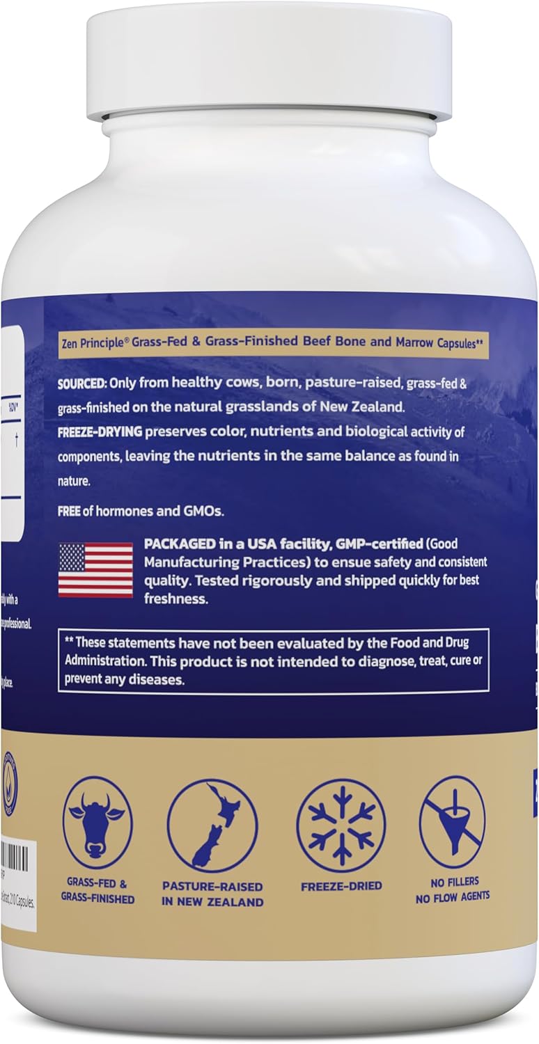 Zen Principle Grass Fed Beef Bone Marrow Supplement, 3300mg. Skin, Oral Health, and Joint Support. Promotes Whole-Body Wellness. Whole Bone Extract, 210 Capsules.