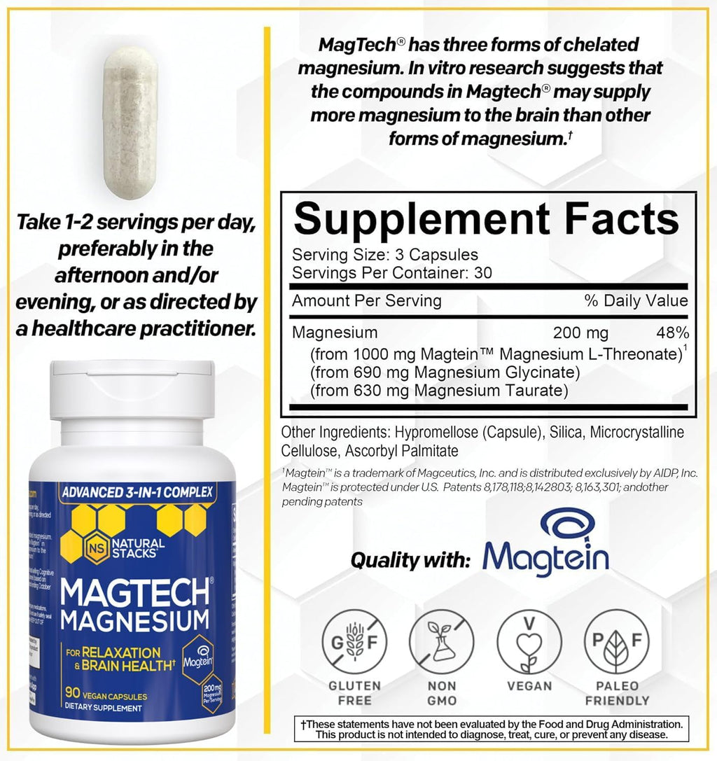 MagTech Magnesium Complex - 3 Forms of Magnesium: Magtein L-Threonate, Glycinate & Taurate - 200mg Chelated Magnesium Supplement - Supports Relaxation & Brain Health - 90 Capsules