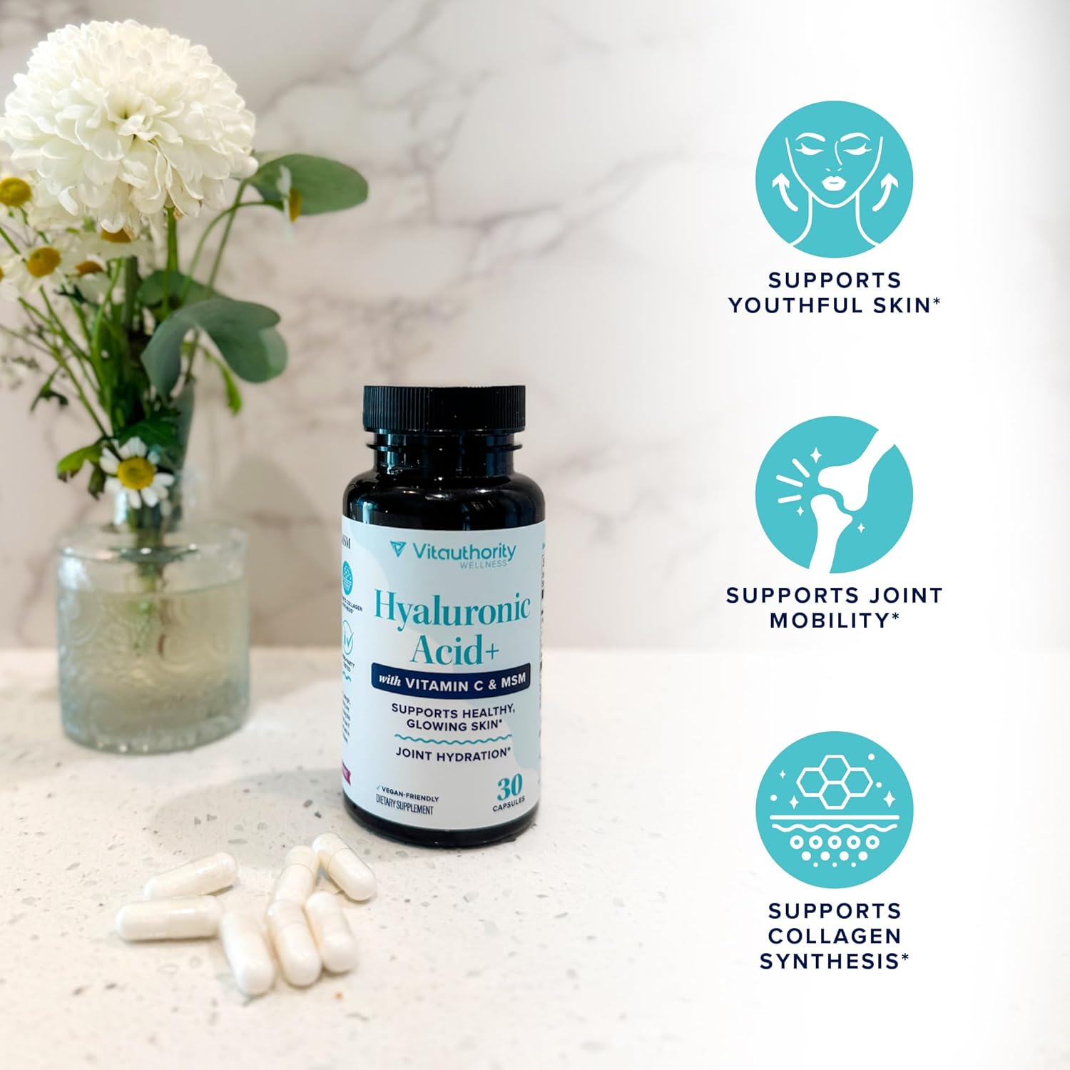 Hyaluronic Acid Capsules with MSM & Vitamin C | 120mg Sodium Hyaluronate | Skin Hydration, Elasticity & Collagen Support | Vegan, Non-GMO, Antioxidant Beauty Supplement 30 Servings