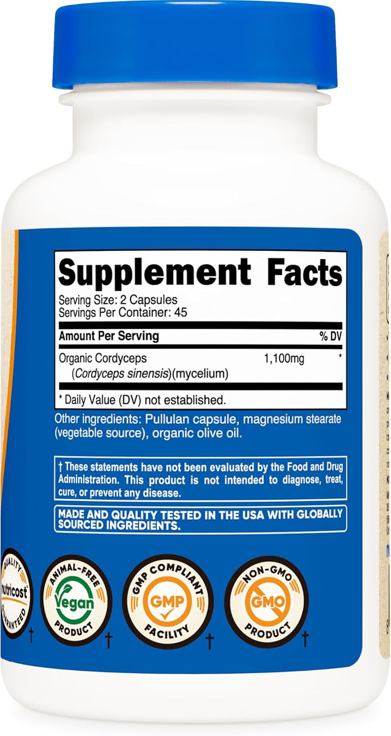 Nutricost Cordyceps Mushroom Capsules 1100mg, 45 Serv - CCOF Certified Made with Organic, Vegetarian, Gluten Free, 550mg Per Capsule (90 Capsules)