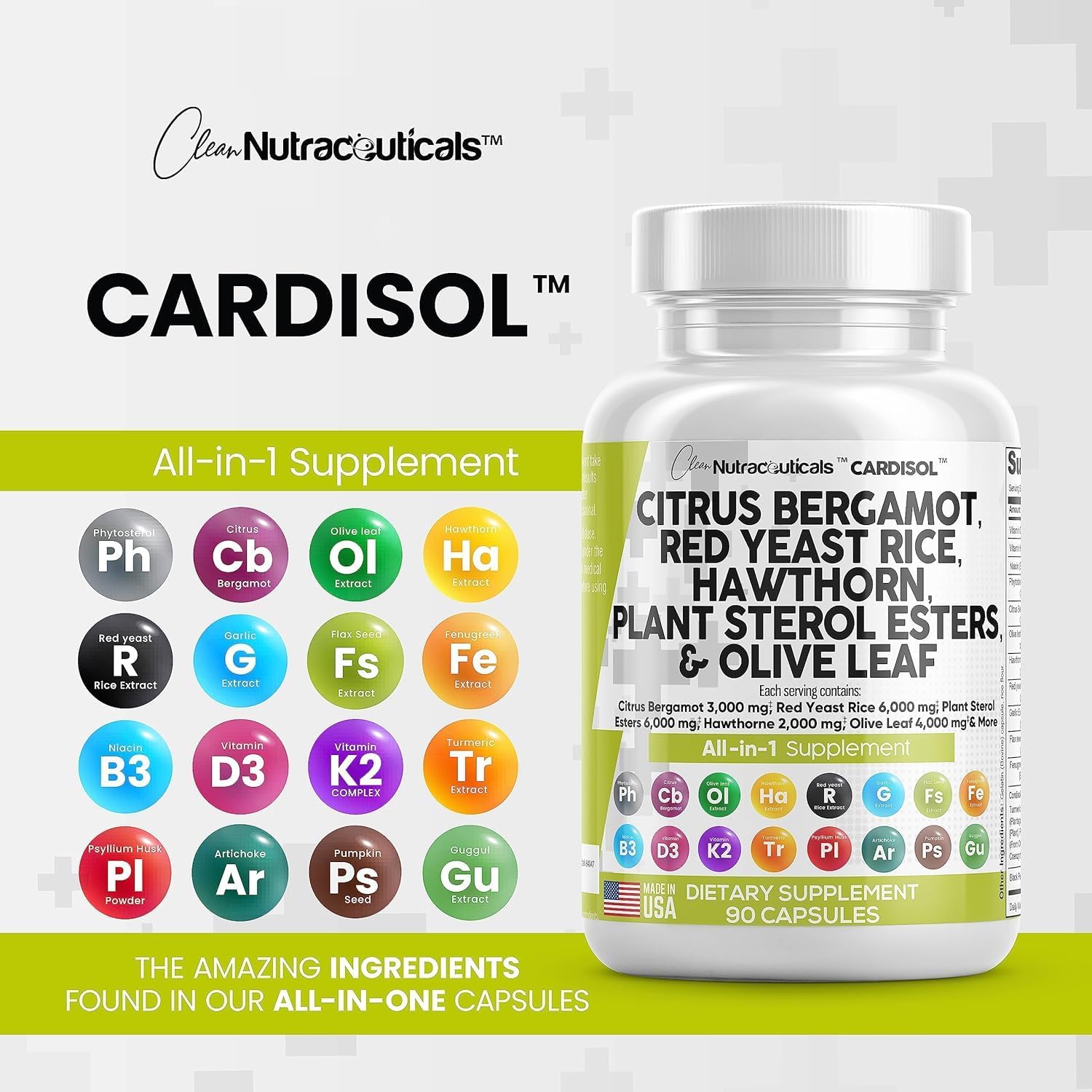 Clean Nutraceuticals Citrus Bergamot Red Yeast Rice Capsules with Plant Sterols - with Hawthorn Extract Olive Leaf Niacin Vitamin K3 D3 COQ10 Guggul & More