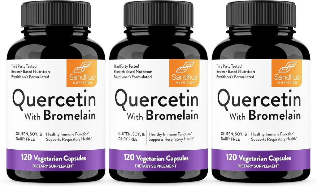 Sandhu's Quercetin with Bromelain Supplement | 1000mg Per Serving 120 Vegetarian Capsules (Pack of 3) | Bioflavonoids Quercitin Complex for Immune Support & Respiratory Health