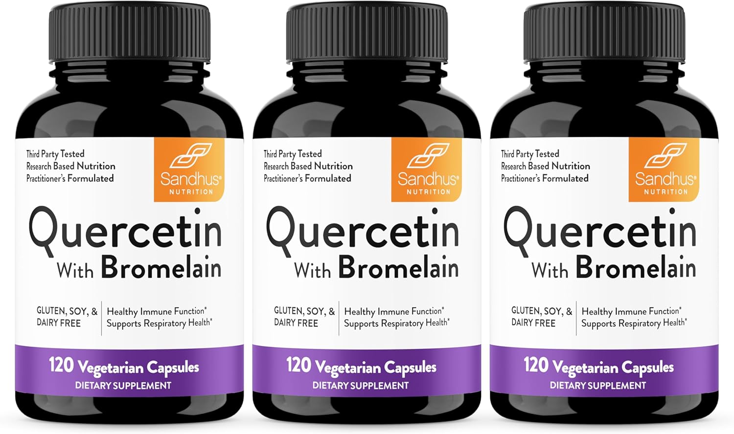 Sandhu's Quercetin with Bromelain Supplement | 1000mg Per Serving 120 Vegetarian Capsules (Pack of 3) | Bioflavonoids Quercitin Complex for Immune Support & Respiratory Health