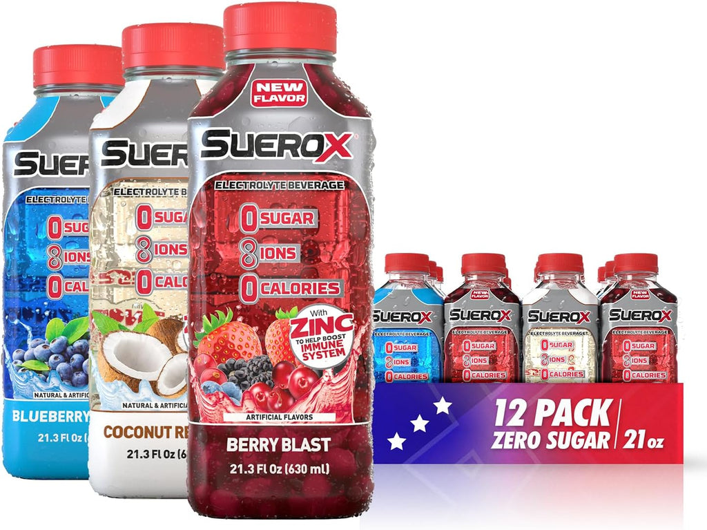 SueroX Zero Sugar Electrolyte Drink Patriotic Pack: Blueberry, Coconut, Berry Flavors. Sugar-Free Hydration & Recovery with 8 Ions & Electrolytes. Zero Calorie Sports Drink, 21.3 Fl Oz, 12 Count.