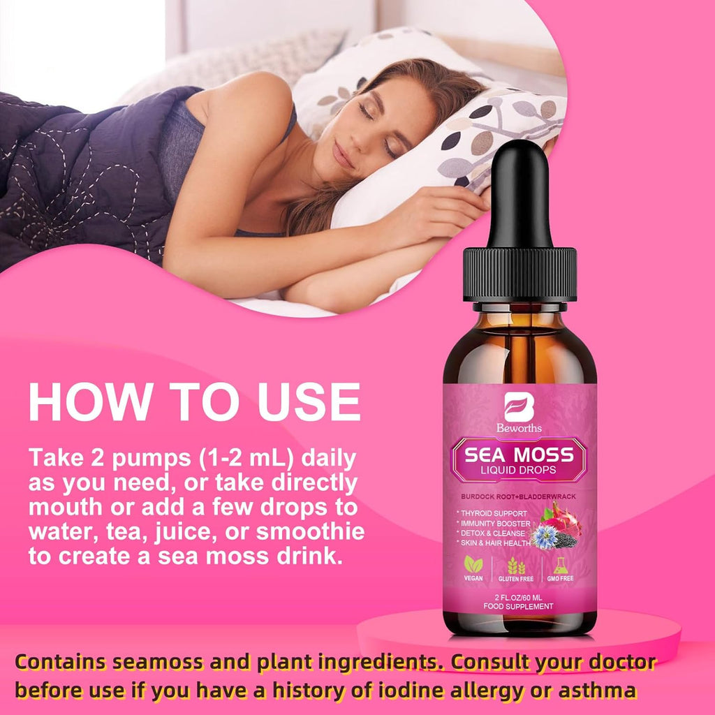 Sea Moss Liquid Drops - Organic Black Seed Oil Irish Sea Moss Gel with Burdock Root, Bladderwrack, Elderberry, Vitamin C, D3, 6X Stronger Seamoss Gel for Digestive, Hair Health - Vegan