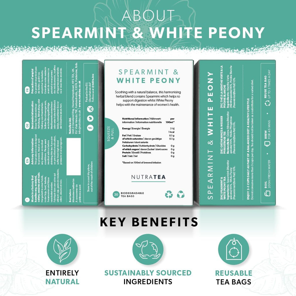 Nutra Tea - Spearmint & White Peony – Spearmint Tea, PCOS Tea - For Digestion, Women's Health & Acne - 60 Individually Wrapped Bags - Herbal Infusion (3 Pack)