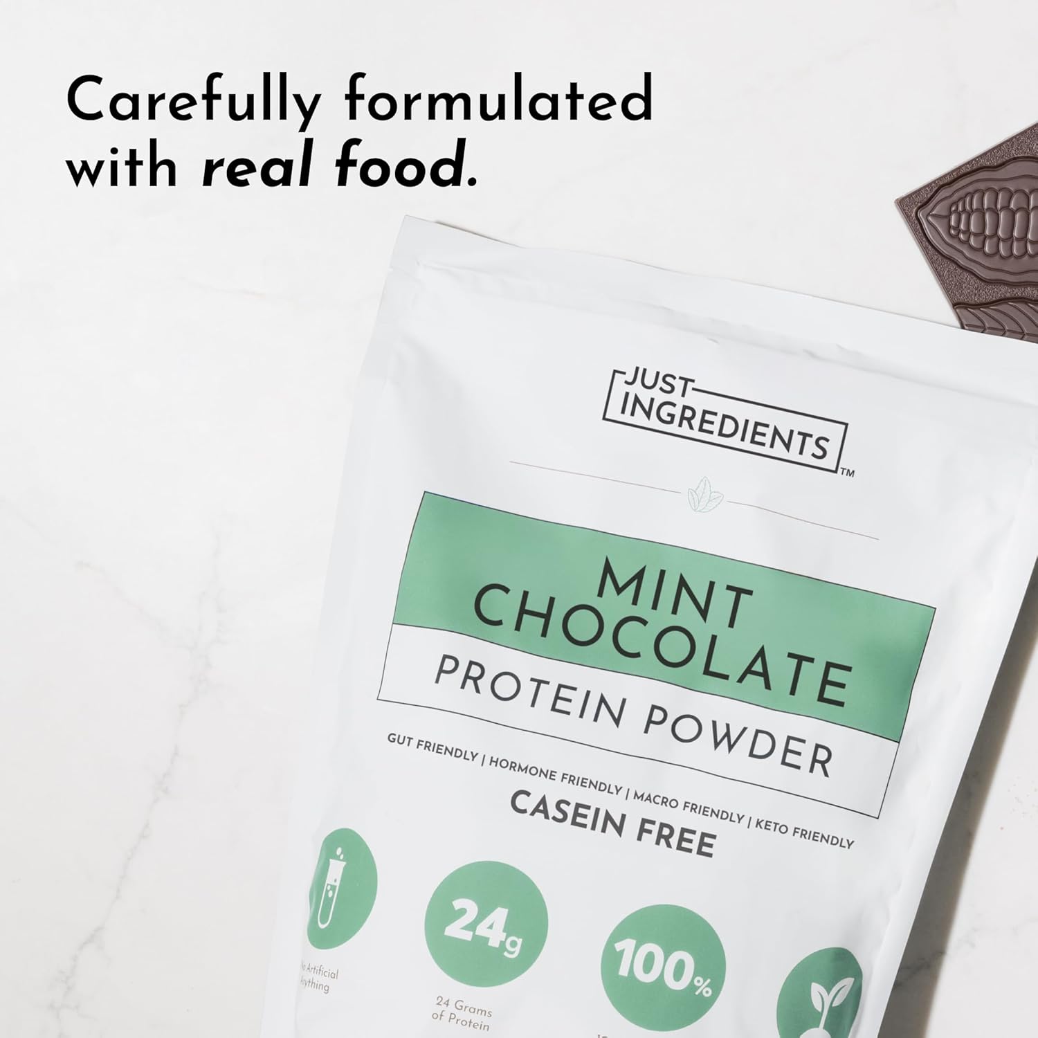 JUST INGREDIENTS Mint Chocolate Protein Powder – 30 Serving Bag – Grass-Fed Whey & Plant Protein Blend with Real Cocoa & Peppermint –Sweetened, Non-GMO, Gluten-Free, No Artificial Flavors