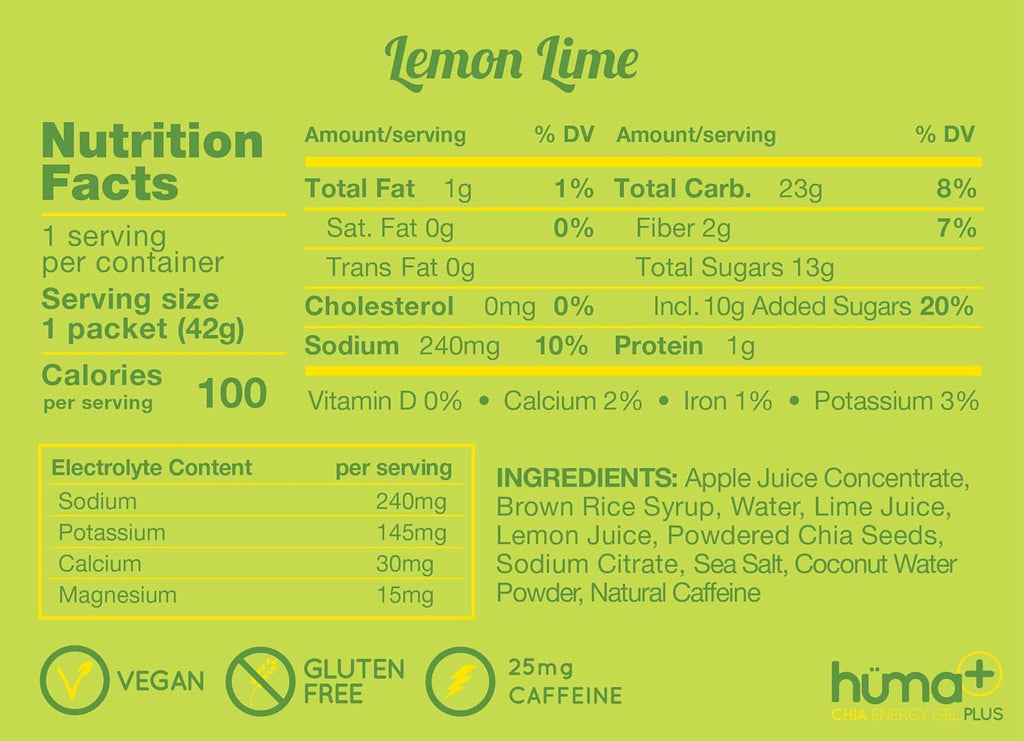 Huma Plus (Double Electrolytes) - Chia Energy Gel, Lemon Lime, 24 Gels, 25mg Caffeine - Stomach Friendly, Real Food Energy Gels
