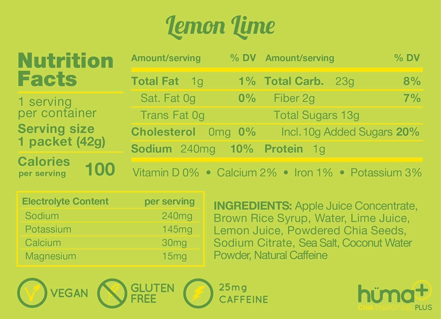 Huma Plus (Double Electrolytes) - Chia Energy Gel, Lemon Lime, 12 Gels, 25mg Caffeine - Stomach Friendly, Real Food Energy Gels