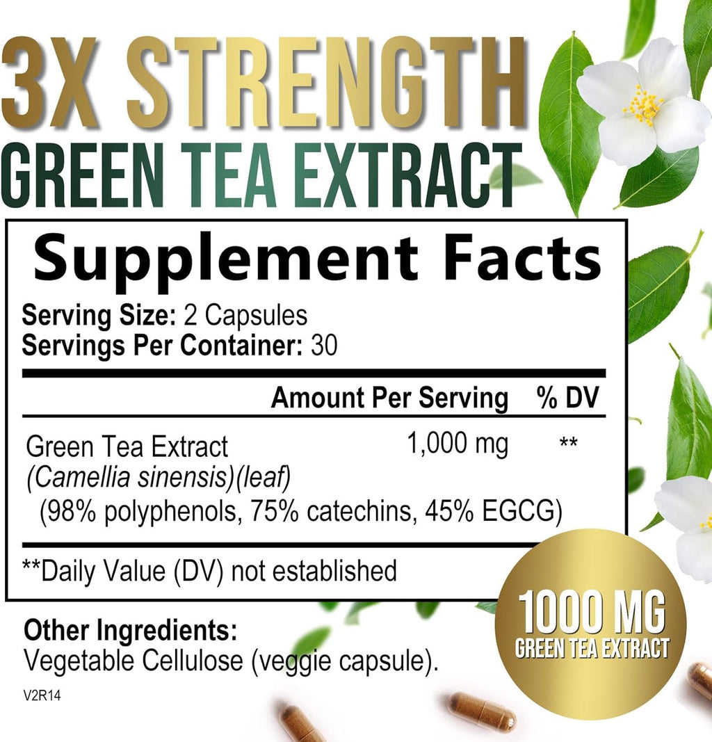 Green Tea Extract Capsules 1000mg with 98% Standardized Polyphenols & 45% EGCG for Heart Support with Antioxidants - 3X Absorption Green Tea Pills for Natural Energy, Gentle Caffeine - 60 Capsules